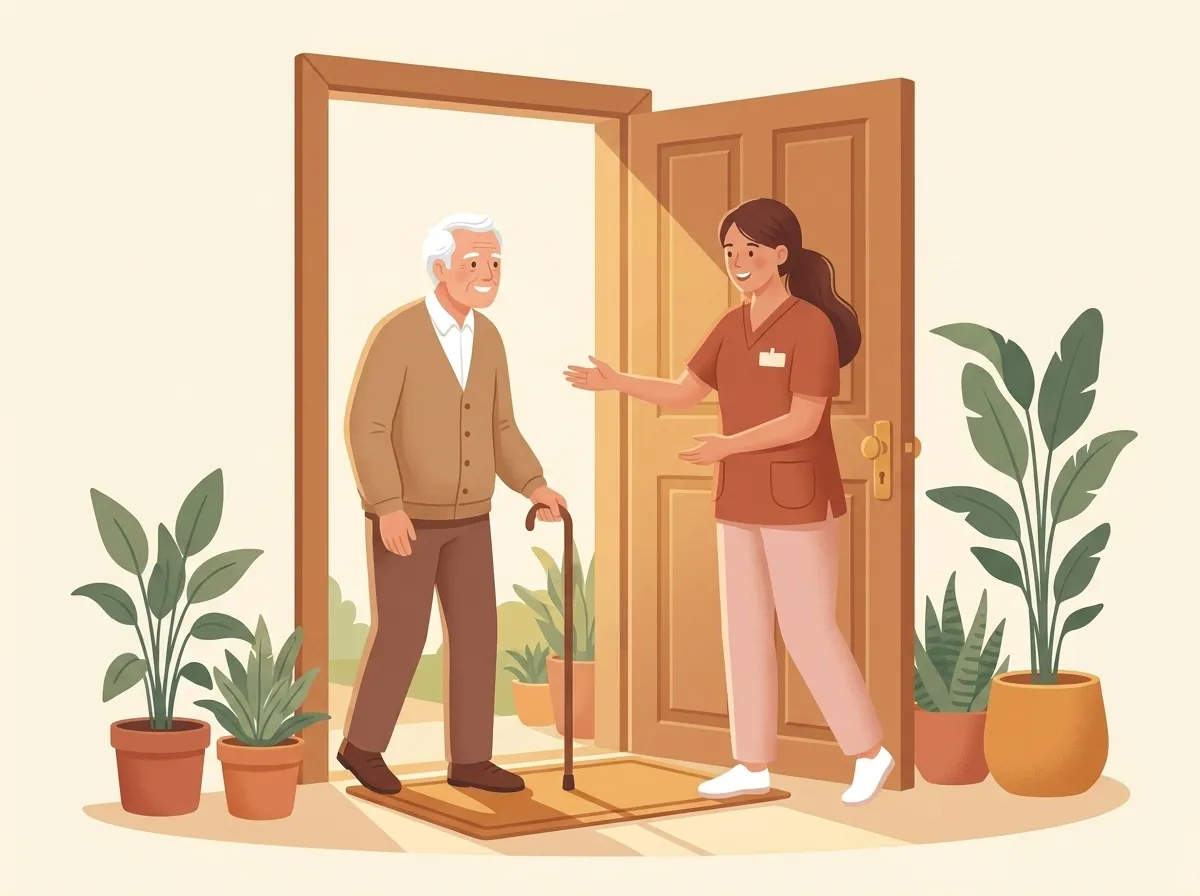 A warm Canela caregiver smiling as she greets a senior at the front door