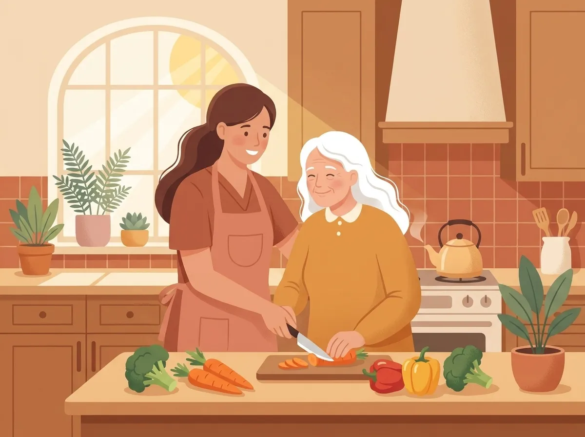 Una cuidadora ayudando a una señora mayor a preparar una comida en casa